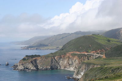 Scenic view of sea and mountains against sky