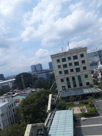 High angle view of buildings against sky