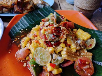 High angle view of meal served on table