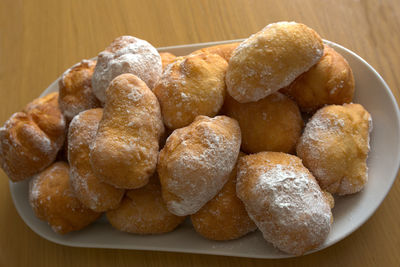 High angle view of bread in plate on table