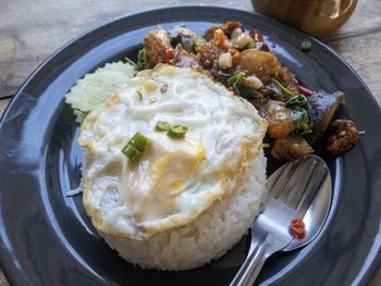 High angle view of breakfast in plate on table