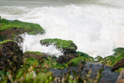 Waves splashing on rocks