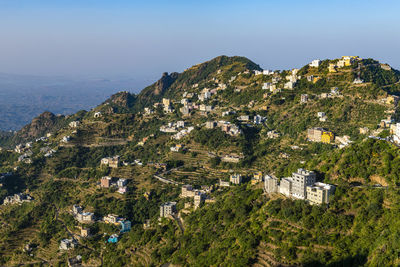 Saudi arabia, jazan province, faifa, aerial view of rural settlement in faifa mountains