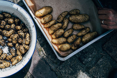 High angle view of person preparing food