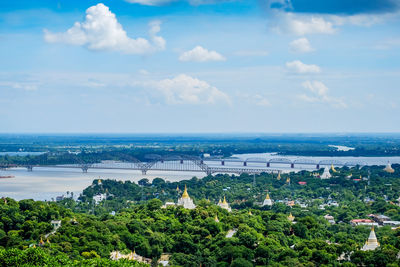 High angle view of plants and sea against sky