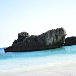 Rock formations by sea against clear blue sky