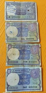 High angle view of text on wooden floor