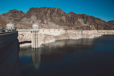 Scenic view of river against mountain range