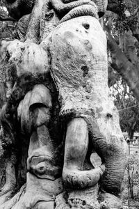 Close-up of buddha statue against trees