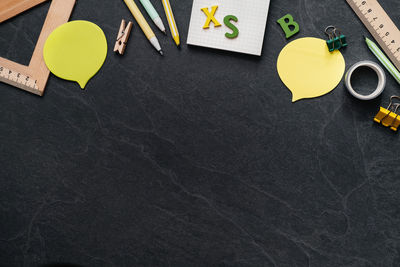 High angle view of objects on table