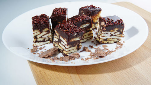 High angle view of dessert in plate on table