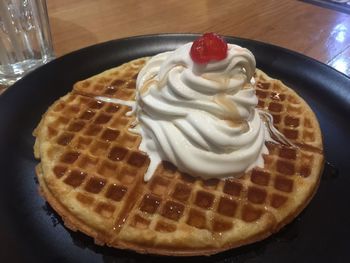 High angle view of dessert in plate on table