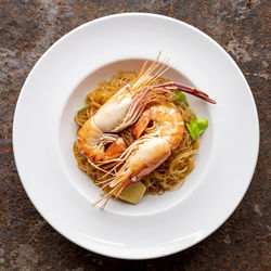 High angle view of food in plate on table