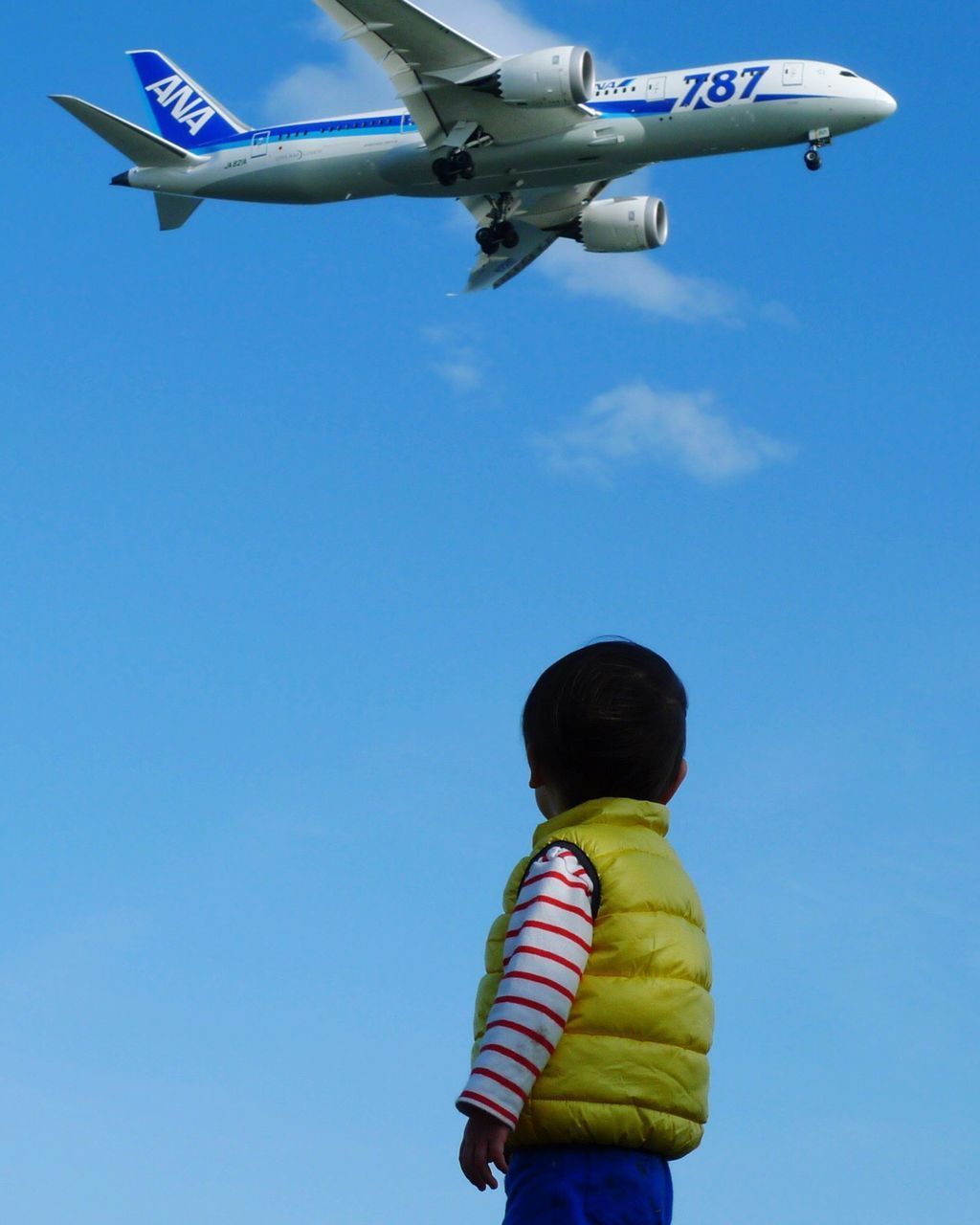 flying, airplane, air vehicle, mid-air, transportation, mode of transport, lifestyles, low angle view, leisure activity, travel, journey, blue, on the move, freedom, clear sky, sky, men, adventure