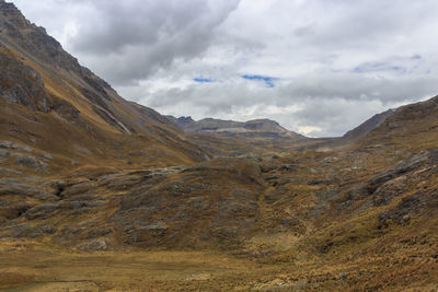 Scenic view of mountains against cloudy sky