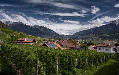 Houses on field by mountains against sky