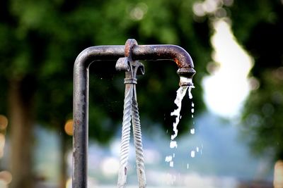 Close-up of water from faucet against blurred background