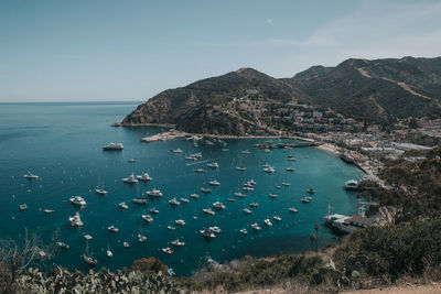 High angle view of bay against sky