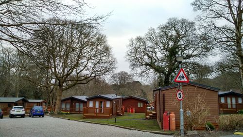 Houses by bare trees and buildings against sky