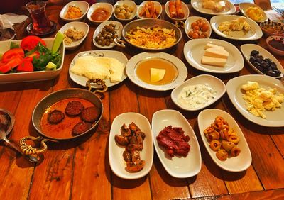 High angle view of meal served on table