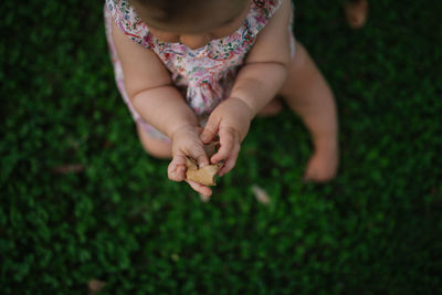 High angle view of cute baby girl holding leaf while sitting on grassy field