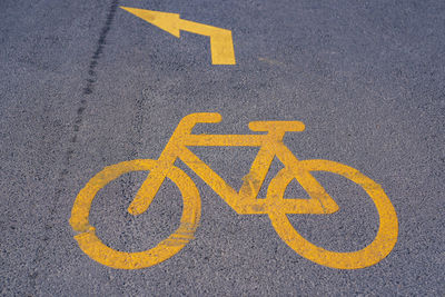 High angle view of road sign on street