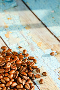 High angle view of coffee beans on table