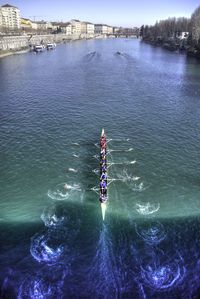 High angle view of people on boat in river