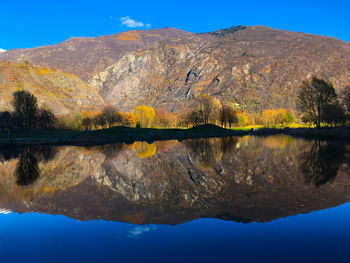 Scenic view of lake by mountains against clear blue sky