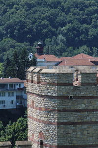 High angle view of old building by trees