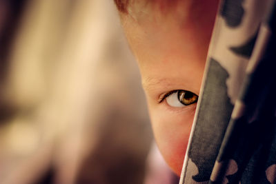 Close-up portrait of boy hiding behind textile