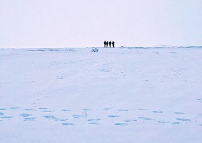 People walking on snow covered landscape against clear sky