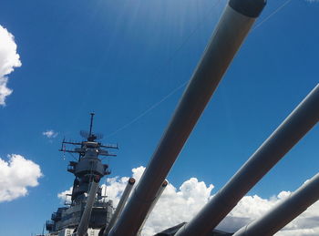 Low angle view of warship against sky