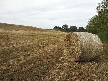 Hay bales on field against sky