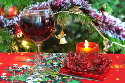 Close-up of christmas decorations on table