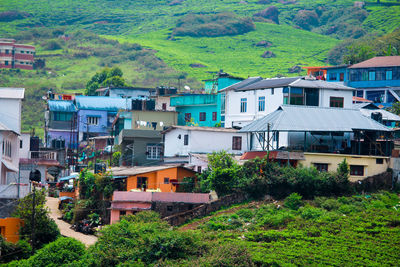 High angle view of buildings in town