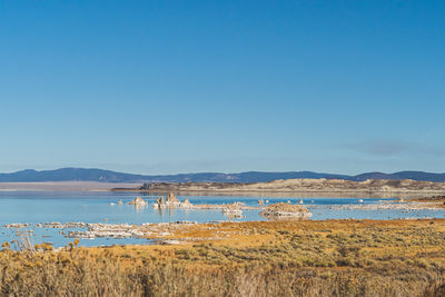 Mono lake, california in autumn on sunny day with clear blue sky and tufa formations. sierra nevadas