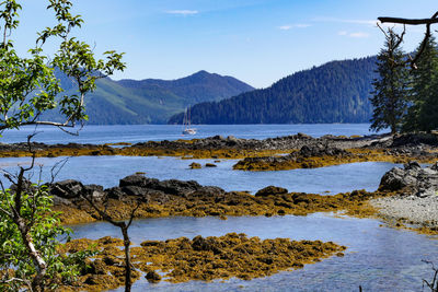 Scenic view of lake and mountains against sky