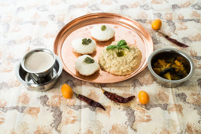 High angle view of breakfast on table