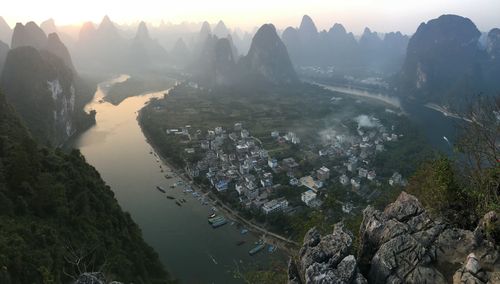 High angle view of city and mountains