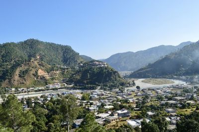 Panoramic view of buildings and mountains against clear sky