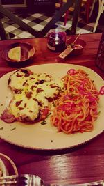 High angle view of food in plate on table