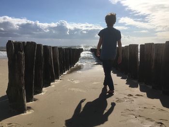 Rear view of man standing on beach against sky