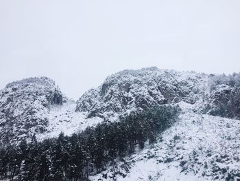 Close-up of snow on mountain against clear sky