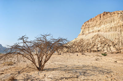 Scenic view of desert against clear blue sky