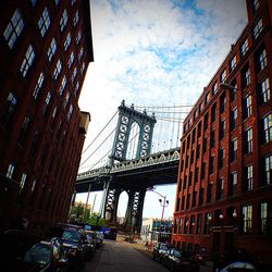 Low angle view of buildings against cloudy sky