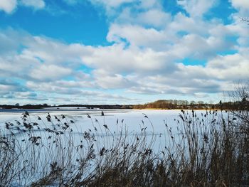 Scenic view of lake against sky during winter