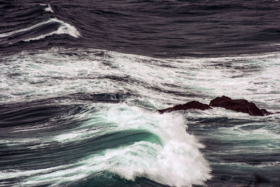 Waves breaking on rocks in sea