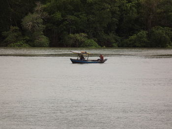 Boat sailing on river against trees in forest