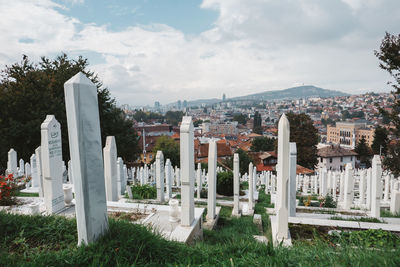 Panoramic view of cemetery against sky